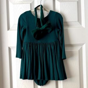 Little Sleepies Emerald Ribbed Twirl Dress with Bodysuit & Matching bow